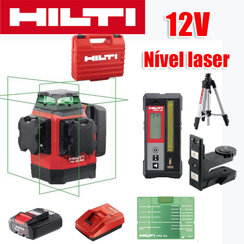 Nível de laser verde de 8 linhas, (nível Hilti, carregador, bateria, controlo remoto, alvo laser, suporte*2, caixa de plástico),bateria de lítio de 12 V, 12 horas de uso contínuo, claramente visível a 60 metros sob luz solar